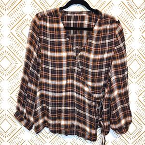 J.Crew Plaid Tie Front Blouse Top Brown Orange Black Tartan Women Size S